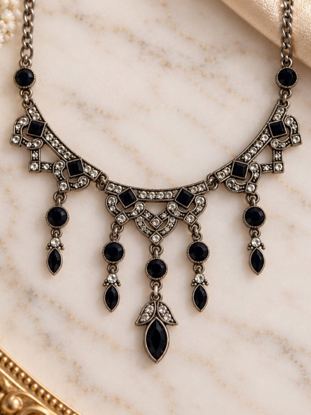 Vintage Style Art Deco Black Gem Rhinestone Statement Necklace Drop Choker